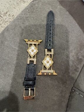 Black Leather Apple Watch Band with Gold Floral Accents 38-49mm
